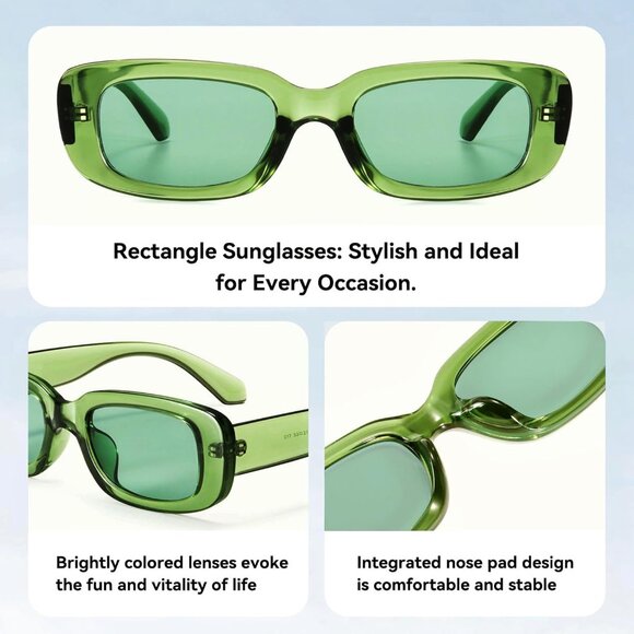 Trendy Rectangle Green Sunglasses Women Men Retro Square Fashion Shades - Picture 3 of 5